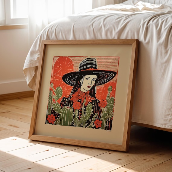 Cowgirl Wall Art Print Poster Western Decor Ranch Style Desert Illustration Linocut Inspired Southwestern Modern Farmhouse Bedroom