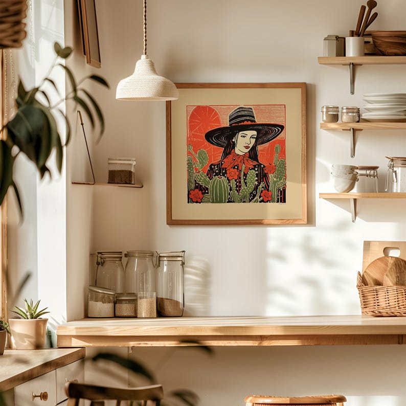 Cowgirl Wall Art Print Poster Western Decor Ranch Style Desert Illustration Linocut Inspired Southwestern Modern Farmhouse Bedroom image 7
