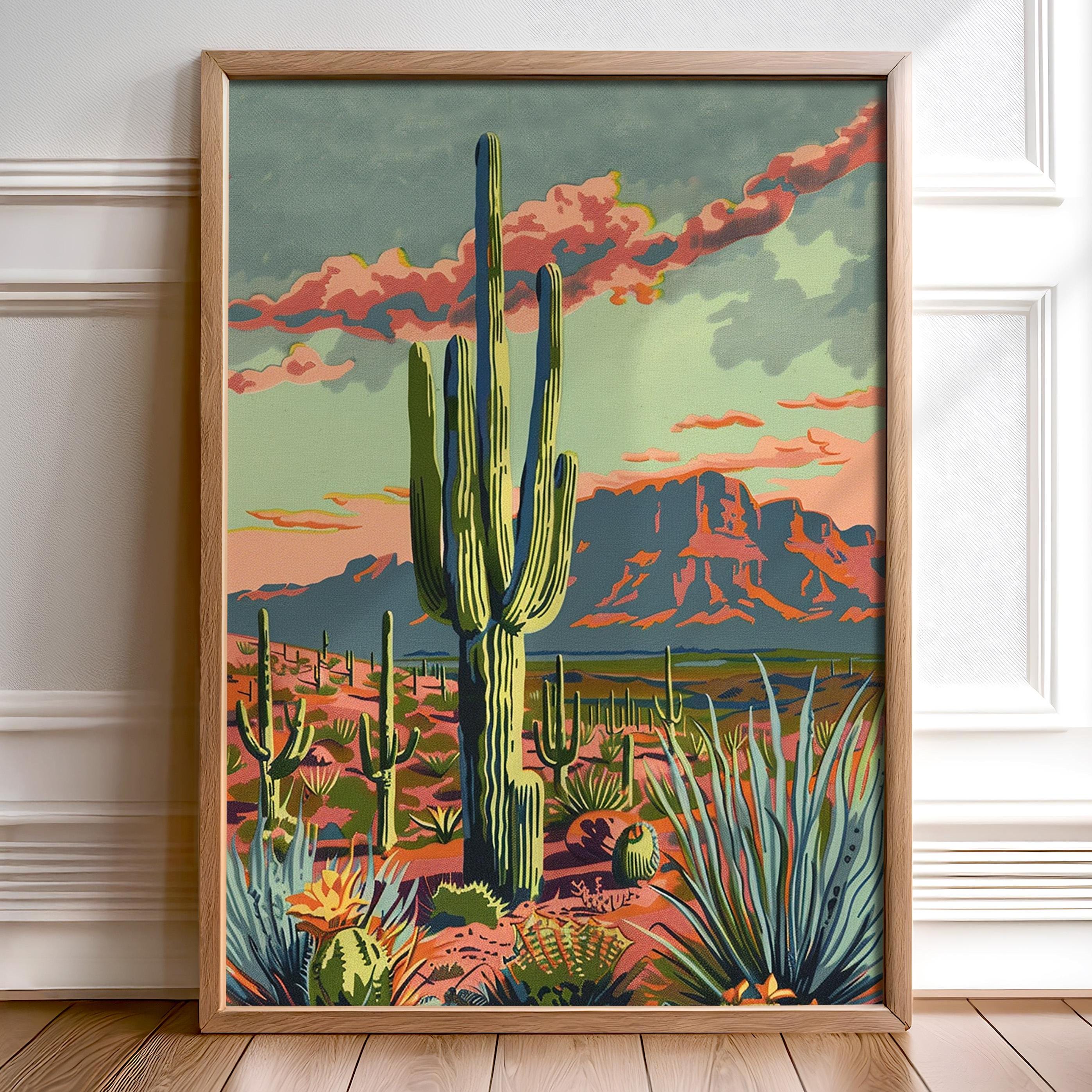 Paint by Number Style Desert Wall Art Vintage Cactus Print