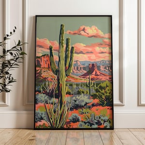 Vintage Cactus Print Desert Sunset Art Western Wall Decor Retro Desert ...