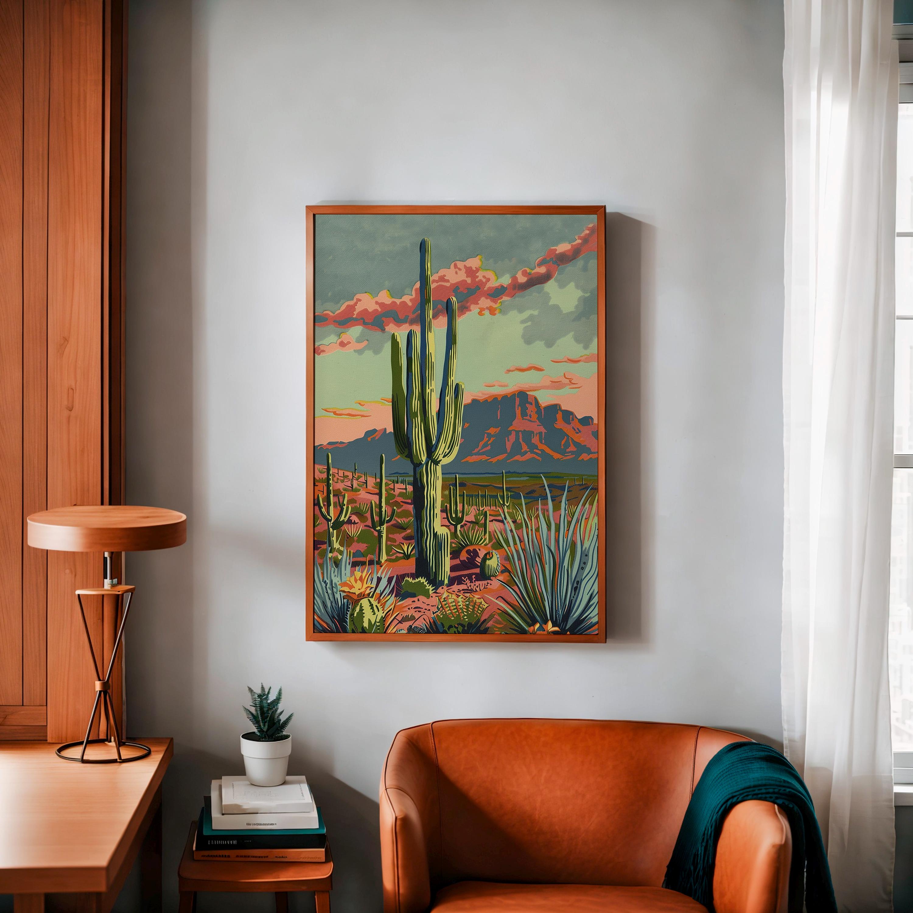Paint by Number Style Desert Wall Art Vintage Cactus Print