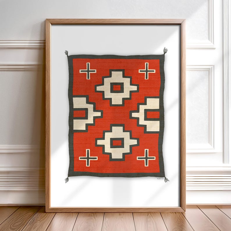 May include: A framed print of a red, white, and black geometric pattern. The pattern is reminiscent of a Native American rug or blanket.