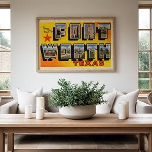 May include: A vintage postcard print featuring a yellow background with the text "Greetings from Fort Worth Texas" in black and red lettering. The postcard features images of buildings in Fort Worth, Texas.