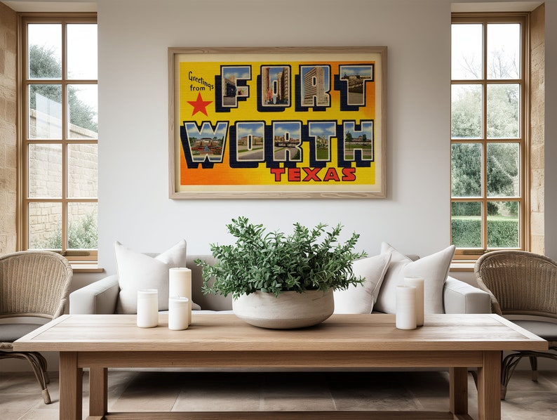 May include: A vintage postcard print featuring a yellow background with the text "Greetings from Fort Worth Texas" in black and red lettering. The postcard features images of buildings in Fort Worth, Texas.
