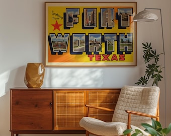 Fort Worth Texas Vintage Postcard Print Texas Art Poster Retro Colorful Travel Poster Art Print