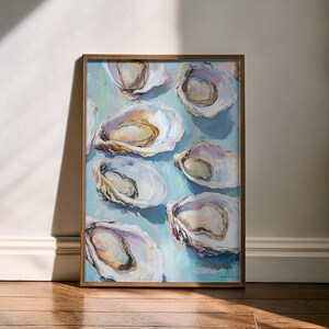 May include: A painting of oysters on a light blue background. The oysters are arranged in a vertical line, with the largest oyster at the top and the smallest oyster at the bottom. The oysters are painted in a realistic style, with details of the shells and the pearls inside.
