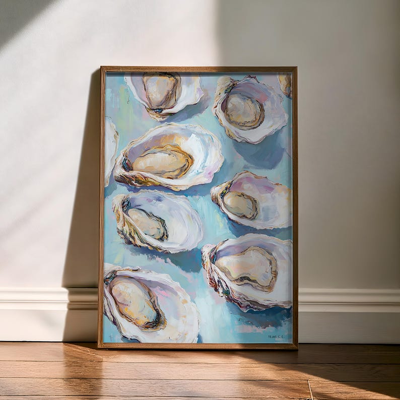 May include: A painting of oysters on a light blue background. The oysters are arranged in a vertical line, with the largest oyster at the top and the smallest oyster at the bottom. The oysters are painted in a realistic style, with details of the shells and the pearls inside.