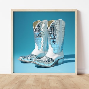 Cowgirl Room Decor Western Wall Art Boot Print Modern Cowgirl White Blue Bedroom Wall Art Dorm Decor Girls Country Western Home Gift