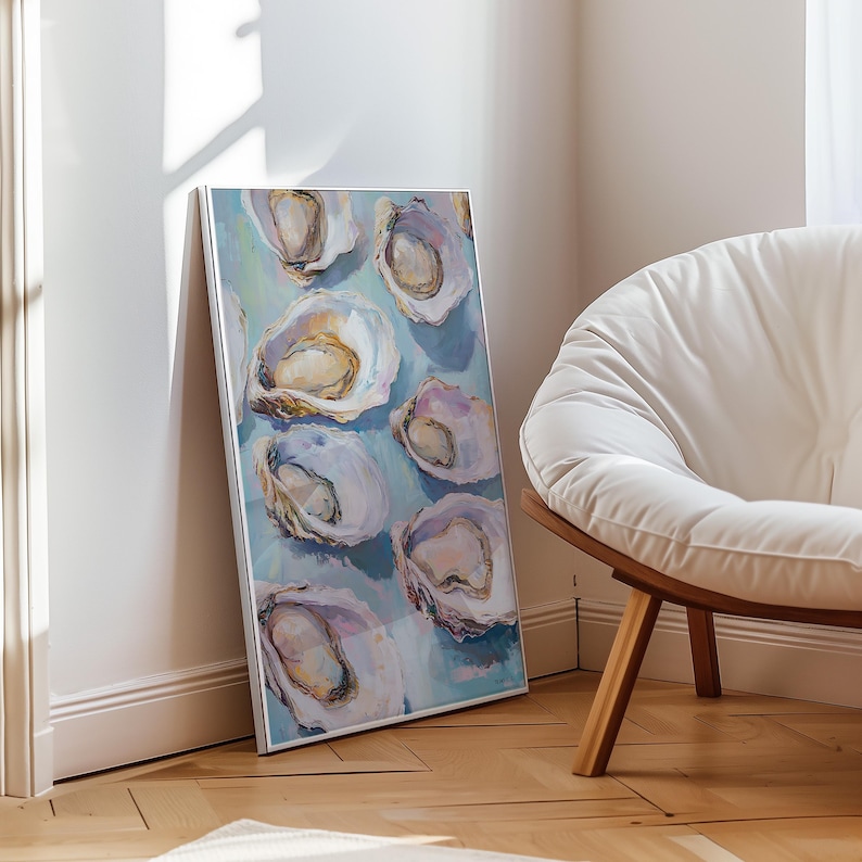 May include: A framed painting of oysters on a blue background. The oysters are arranged in a random pattern and are painted in shades of white, pink, and purple.