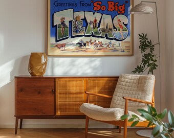 Vintage Texas Postcard Art Poster Print Wall Art Lone Star State Texas Art Print Greetings From So Big Texas