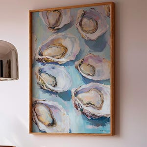 May include: A framed painting of oysters on a blue background. The oysters are painted in a realistic style with a variety of colors, including white, pink, and yellow. The painting is signed "TRIAS C."