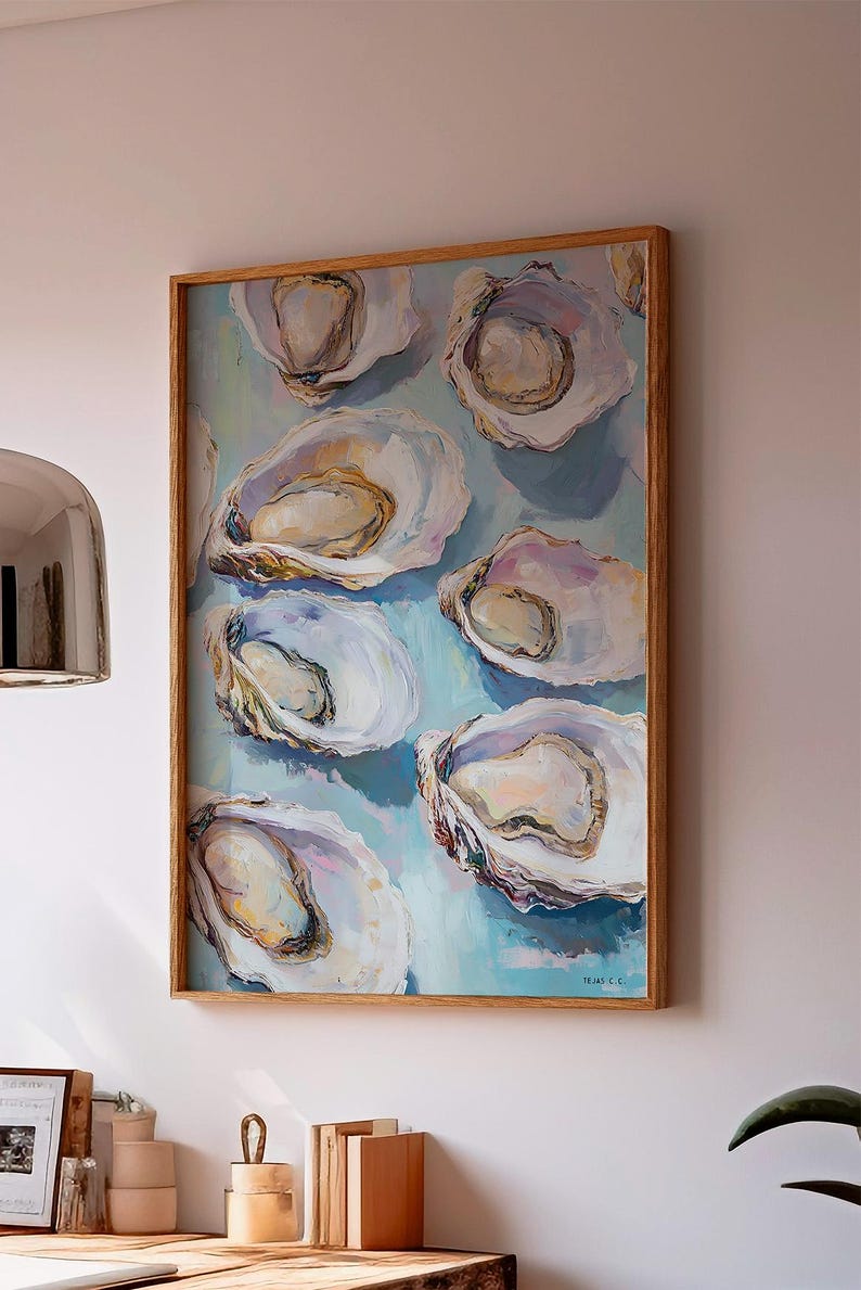 May include: A framed painting of oysters on a blue background. The oysters are painted in a realistic style with a variety of colors, including white, pink, and yellow. The painting is signed "TRIAS C."