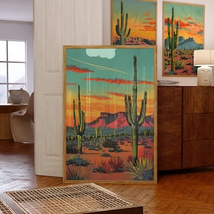 Vintage Postkarte Bunte Wüste Kunst Poster Druck-Wand-Dekor Südwesten Wohnzimmer Kunstdruck Zwei Saguaro Landschaftsdruck