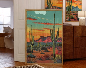 Vintage Postcard Colorful Desert Art Poster Print Wall Decor Southwest Living Room Art Print Two Saguaro Landscape Print