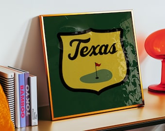 Texas Golf Print Wall Art Square Design Shield Style Vintage Aesthetic Green Gold Texas Decor Man Cave Decoration Gift Golfer Idea Room