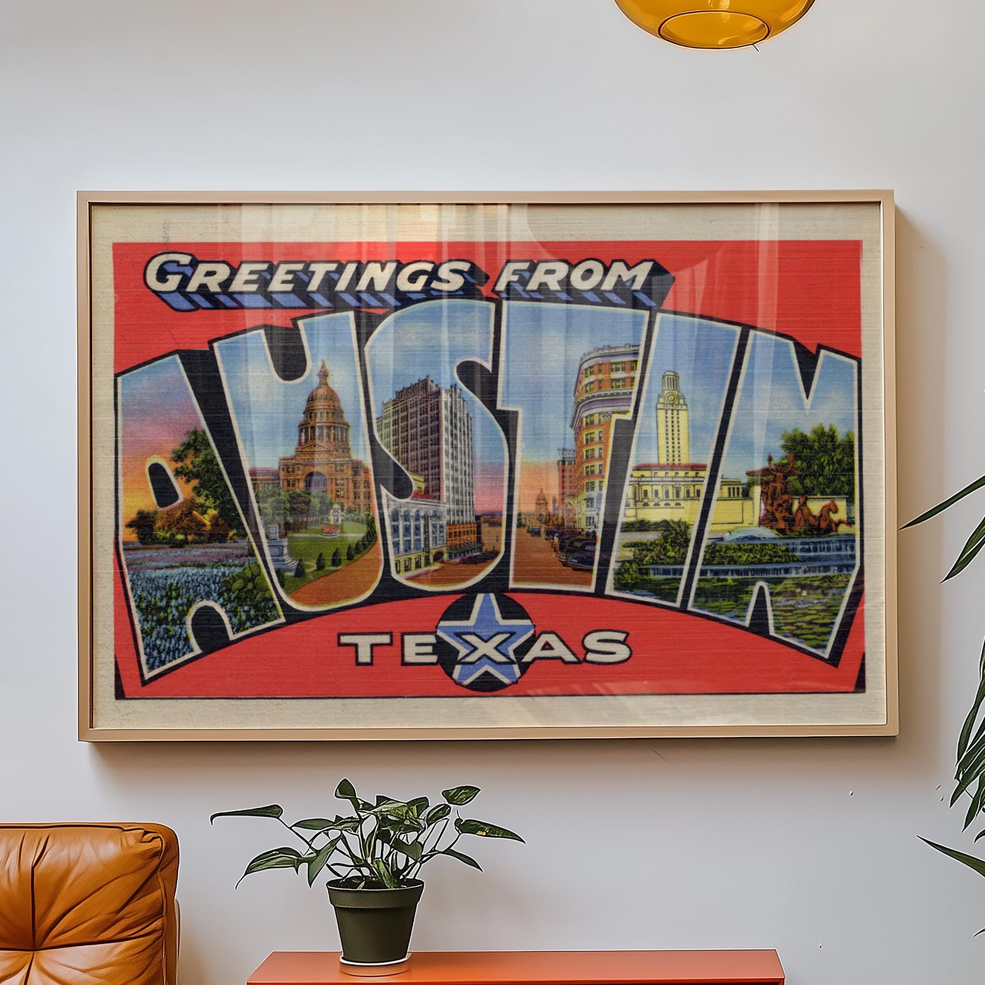 Austin Texas Vintage Postcard Print Texas Art Poster Retro Colorful ...