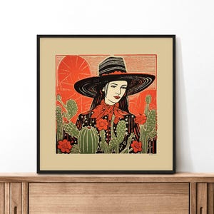 Western Ranch Style Cowgirl Art Print Desert Theme Wall Decoration Flat Brim Hat Design Linocut Inspired Illustration Modern Farmhouse Aesthetic Southwestern Artwork Home Office Bedroom Display Entry Way Decoration Unframed Poster Quality