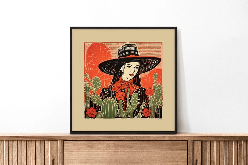 Western Ranch Style Cowgirl Art Print Desert Theme Wall Decoration Flat Brim Hat Design Linocut Inspired Illustration Modern Farmhouse Aesthetic Southwestern Artwork Home Office Bedroom Display Entry Way Decoration Unframed Poster Quality