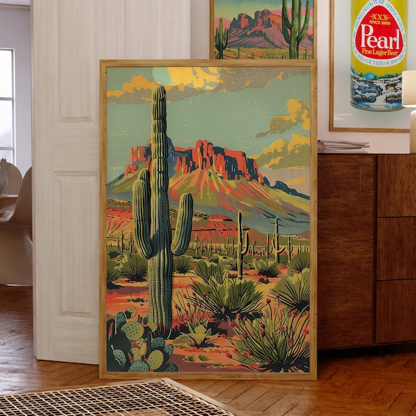 Vintage Travel Poster Desert Landscape Paint by Number Southwest Art Print Office Wall Decor Arizona Home Decoration Retro Wall Art Bohemian
