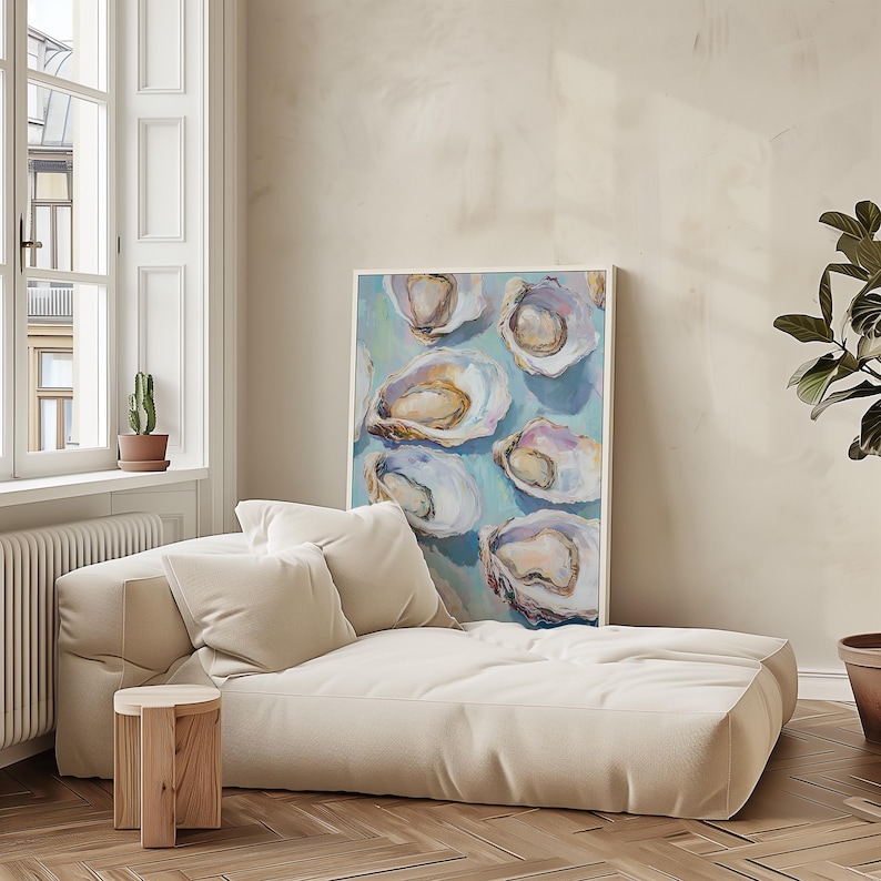 May include: A painting of oysters on a light blue background. The oysters are arranged in a cluster and have a variety of colors, including white, pink, and purple.