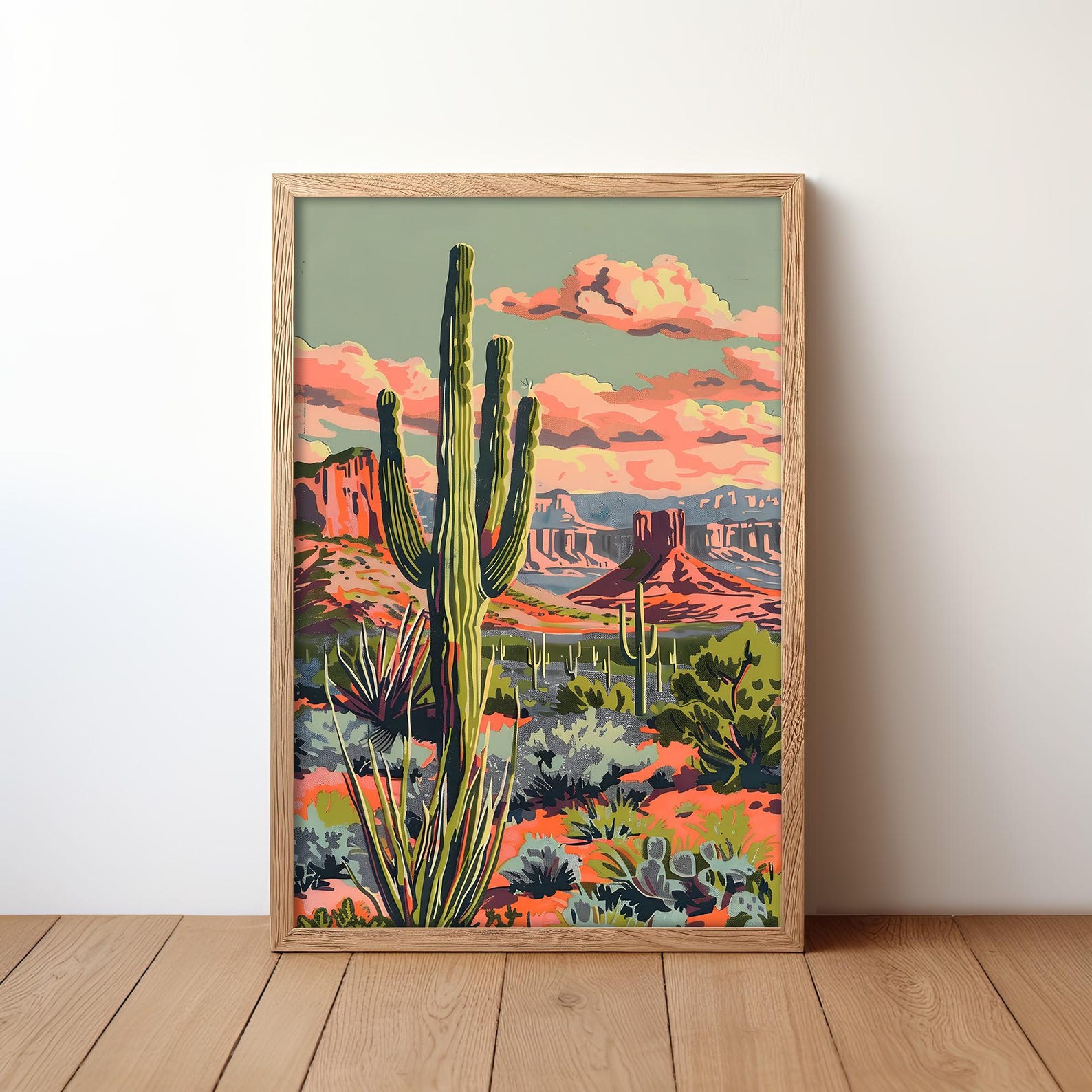 Vintage Cactus Print Desert Sunset Art Western Wall Decor Retro Desert ...