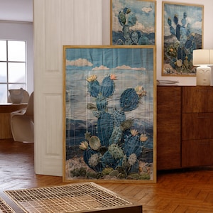 Denim Decor Feigenkaktus Art Print Poster Wüsten Landschaft Denim Quilt Style Art Boho Desert Print #2