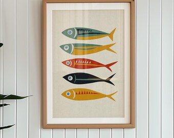 Coastal Wall Decor Fish Art Print Beach House Modern Kitchen Decor Nautical Wall Art Colorful Sardine Print Ocean Home Decor Office Art