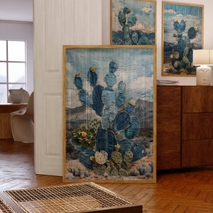 Denim Decor Feigenkaktus Kunstdruck Poster Wüste Landschaft Denim Quilt Style Art Boho Desert Print #1