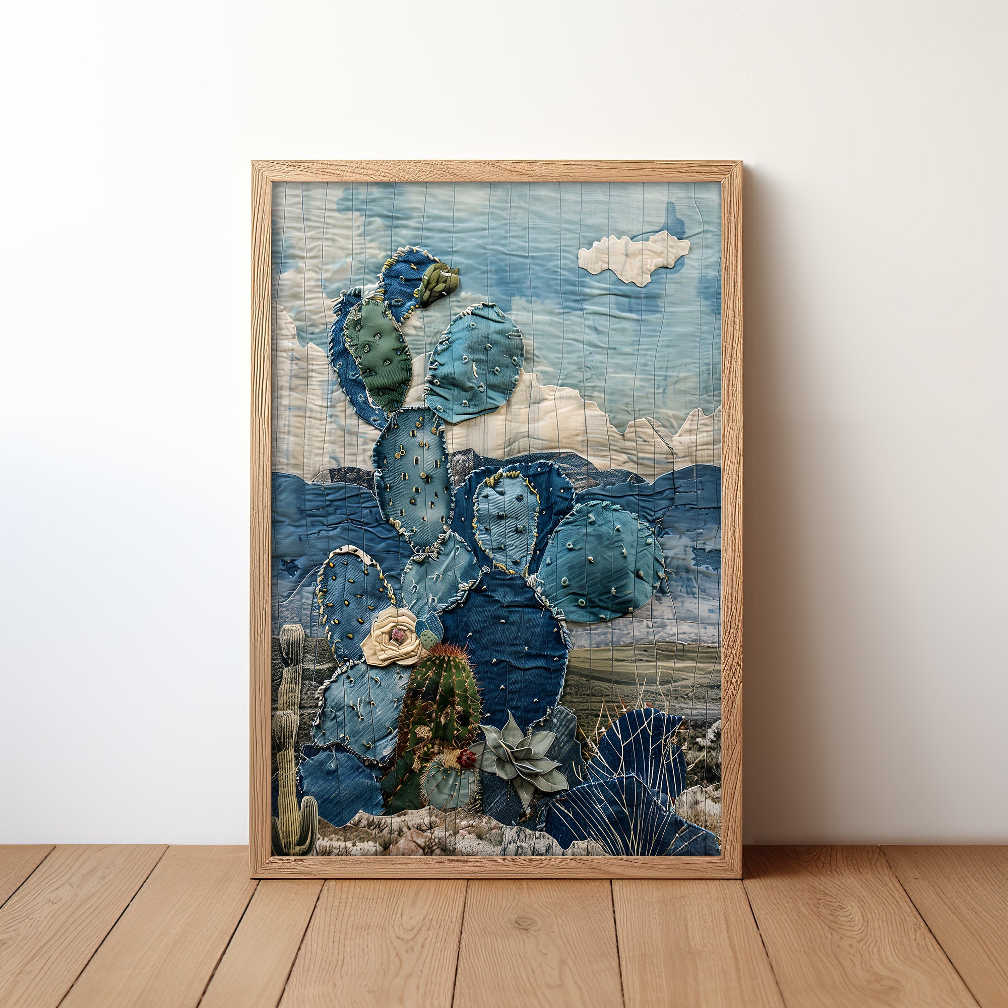 Denim Decor Prickly Pear Cactus Art Print Poster Desert Landscape Denim ...