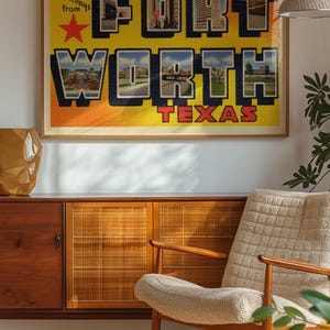 May include: A vintage postcard with a yellow background and the words "Greetings from FORT WORTH TEXAS" in blue letters. The letters are made up of images of buildings and streets in Fort Worth.