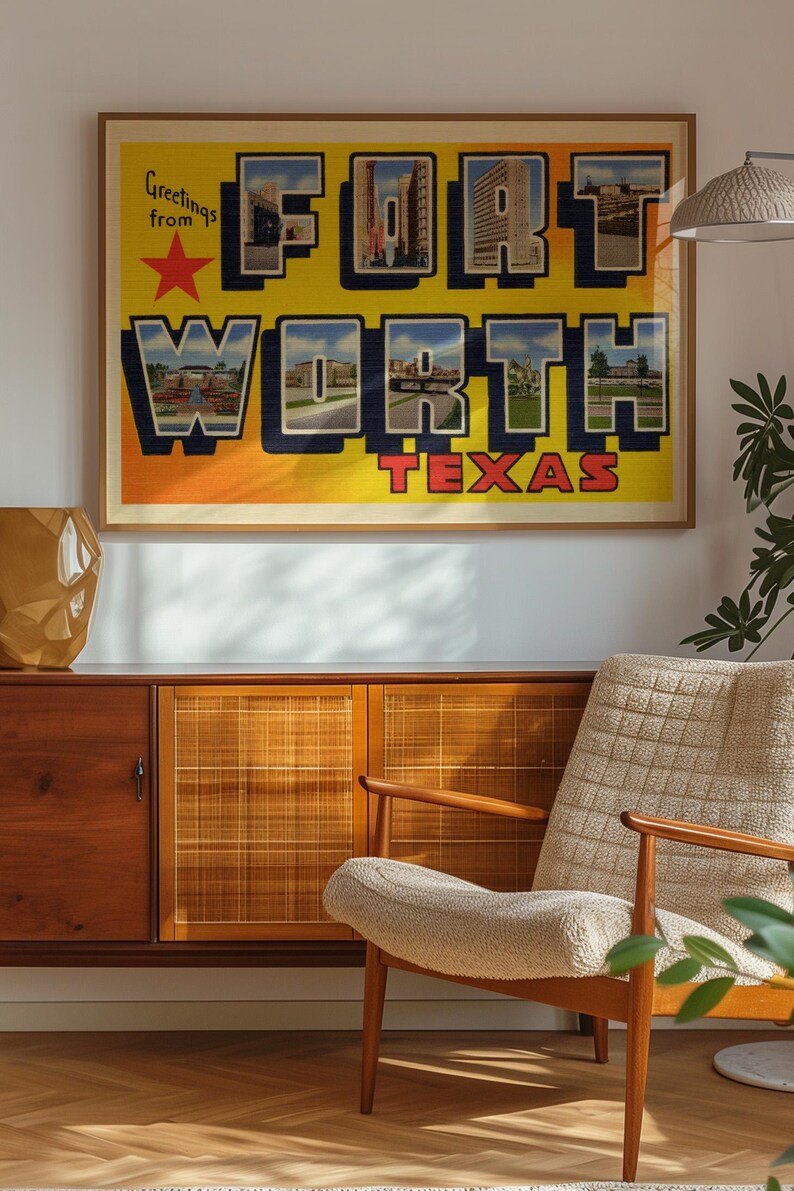 May include: A vintage postcard with a yellow background and the words "Greetings from FORT WORTH TEXAS" in blue letters. The letters are made up of images of buildings and streets in Fort Worth.