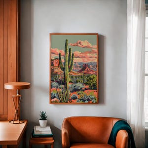 Vintage Cactus Print Desert Sunset Art Western Wall Decor Retro Desert ...