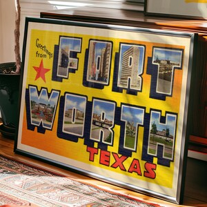 May include: A vintage postcard with a yellow background and the words "Greetings from Fort Worth Texas" in blue letters. The letters are made up of images of buildings and streets in Fort Worth.