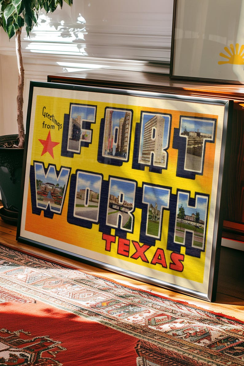 May include: A vintage postcard with a yellow background and the words "Greetings from Fort Worth Texas" in blue letters. The letters are made up of images of buildings and streets in Fort Worth.