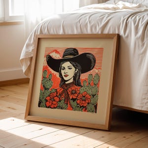 Cowgirl Kunst Wand Dekor Wüste Thema Cowboy Hut Linolschnitt Stil Kunstdruck für Ranch Home Poster Kaktus Kunstdruck Blumen Bunt Mädchen Quadrat