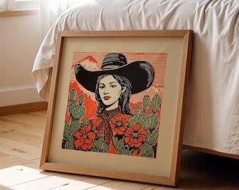 May include: Framed art print depicting a woman in a large black hat, with cacti and red flowers. The artwork has a desert theme with a red and orange colour palette, set against a beige background. The frame is made of light-coloured wood.