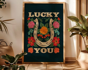 Farmhouse Lucky Decor Wall Accent Room Art Horse Print Boho Style Home Gift House Country Decor Equestrian Art Lucky Wall Piece Navy Blue