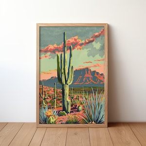 Paint by Number Style Desert Wall Art Vintage Cactus Print Southwestern ...