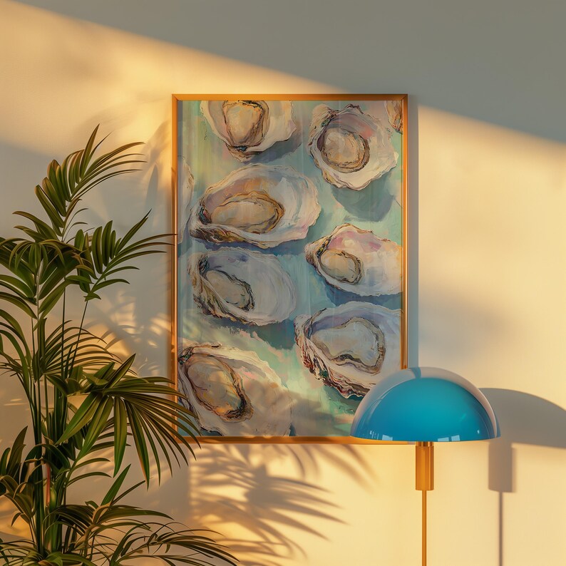 May include: A framed painting of oyster shells on a blue and green background. The painting is in a gold frame and is hanging on a white wall.