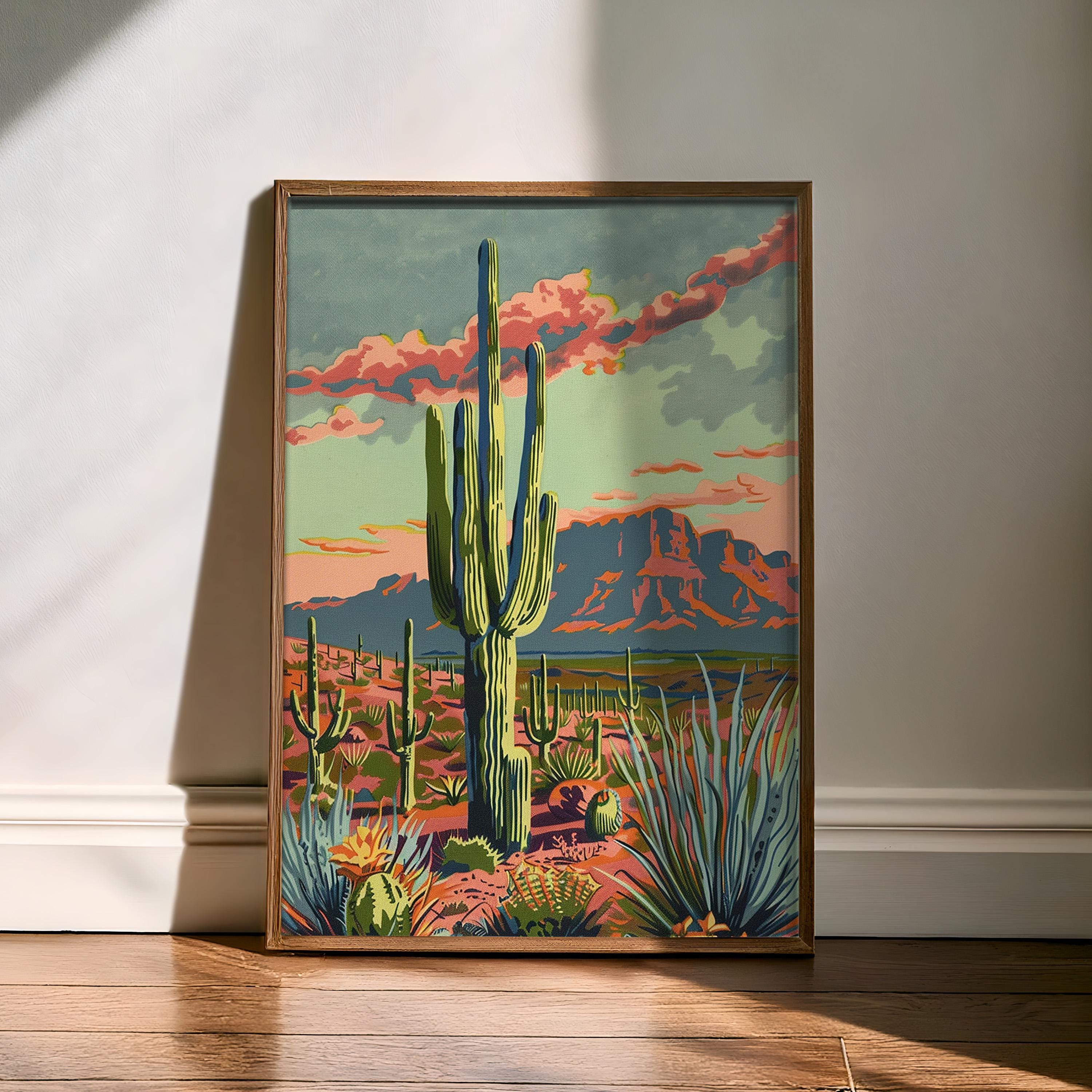 Paint by Number Style Desert Wall Art Vintage Cactus Print Southwestern ...
