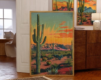 Vintage Postcard Colorful Desert Landscape Saguaro Art Poster Print Wall Decor Southwest Living Room Art Print Cactus Sunburst Print