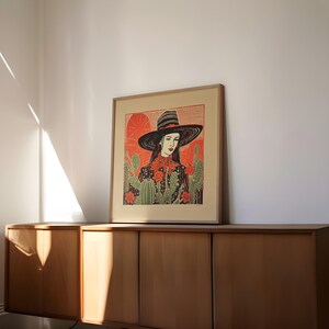 Southwestern Art Print Cowgirl Design Western Wall Decoration Desert Theme Illustration Linocut Style Artwork Flat Brim Hat Detail Ranch Home Aesthetic Modern Farmhouse Decoration Bedroom Office Display Unframed Poster Quality Paper Cacti