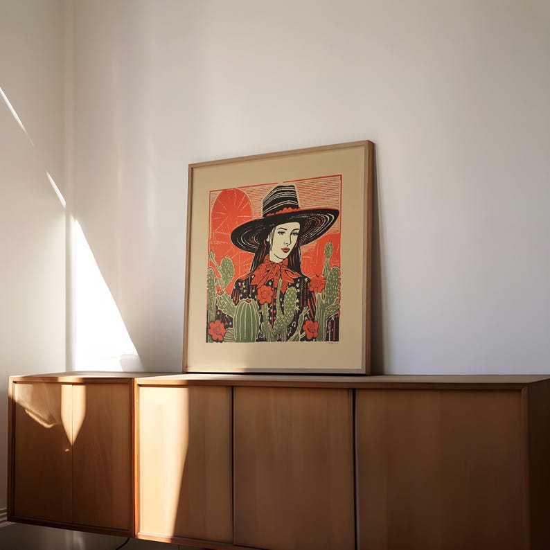 Southwestern Art Print Cowgirl Design Western Wall Decoration Desert Theme Illustration Linocut Style Artwork Flat Brim Hat Detail Ranch Home Aesthetic Modern Farmhouse Decoration Bedroom Office Display Unframed Poster Quality Paper Cacti