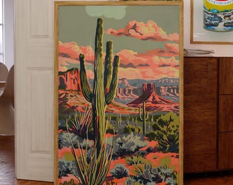 Impresión de cactus vintage, arte de atardecer en el desierto, decoración de pared occidental, paisaje desértico retro, pintura del suroeste para el hogar por números, arte de pared de Arizona
