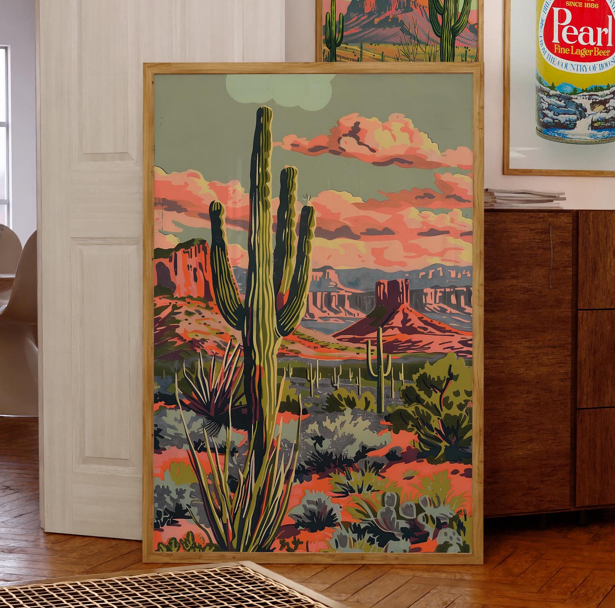 Vintage Cactus Print Desert Sunset Art Western Wall Decor Retro Desert ...