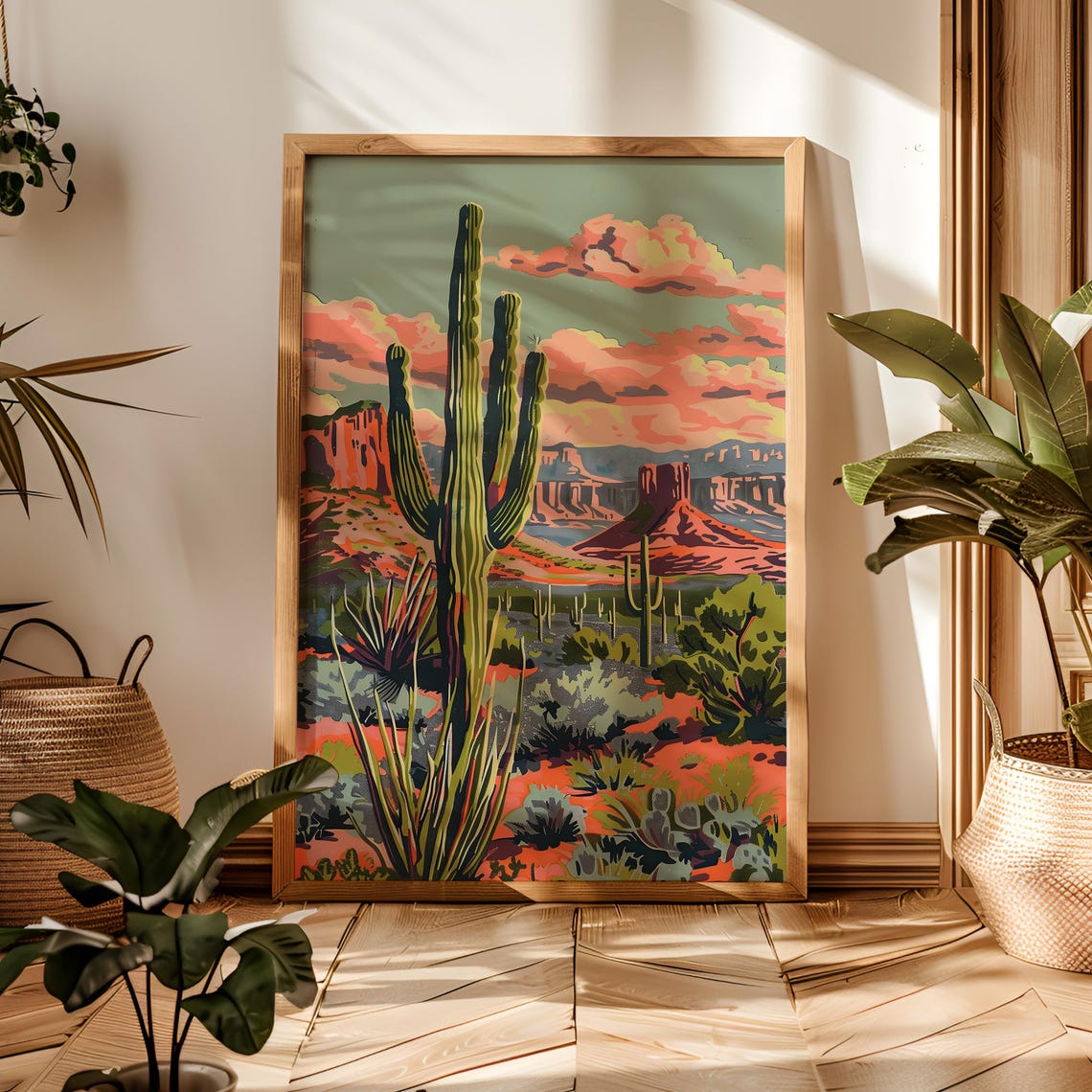 Vintage Cactus Print Desert Sunset Art Western Wall Decor Retro Desert ...