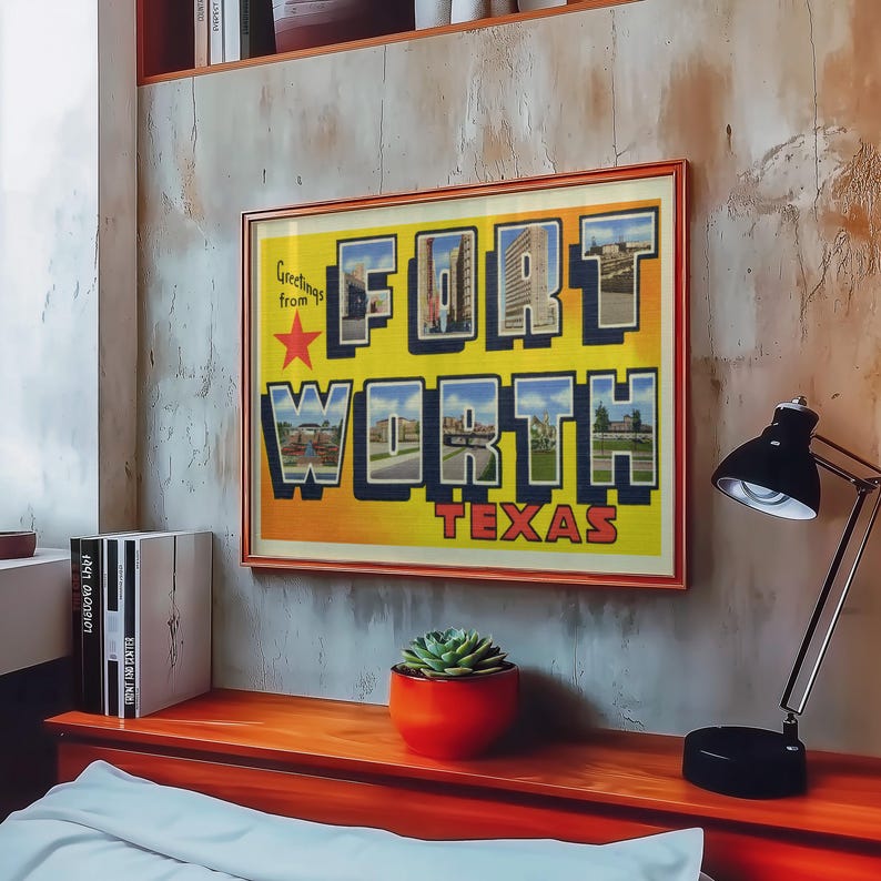 May include: A vintage postcard with a yellow background and a blue and white image of the words "Fort Worth, Texas" with a red star. The postcard has a red border and the words "Greetings from" in the top left corner.