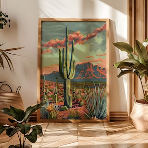 Paint by Number Style Desert Wall Art Vintage Cactus Print Southwestern ...
