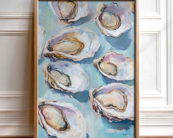 May include: A painting of a group of oysters on a light blue background. The oysters are arranged in a random pattern and are painted in a realistic style. The painting is framed in a light wood frame.