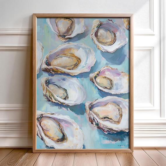 Oyster Painting Print Coastal Kitchen Beach House Decor Dining Living Room Wall Art Nautical Seaside Nature Ocean Art Oyster Shell Artwork